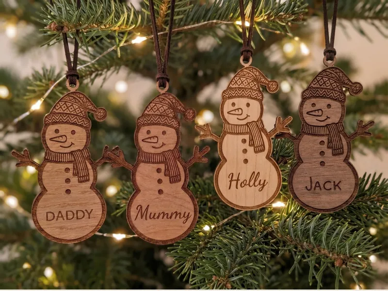 Four wooden snowman decorations engraved with family names