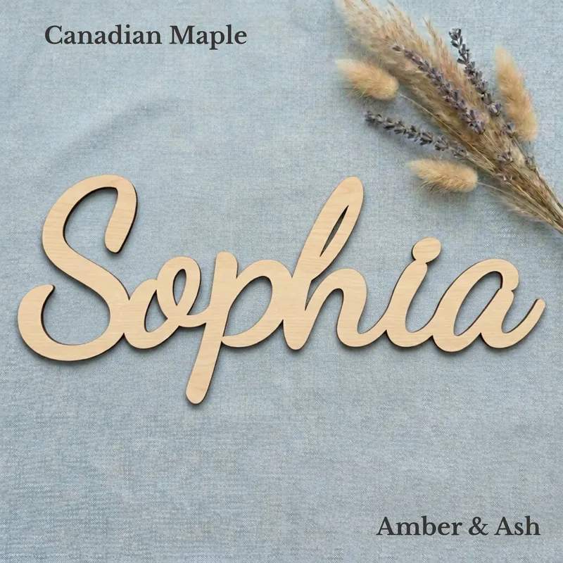 Sophia name sign in the Swirly font, in Canadian maple veneer