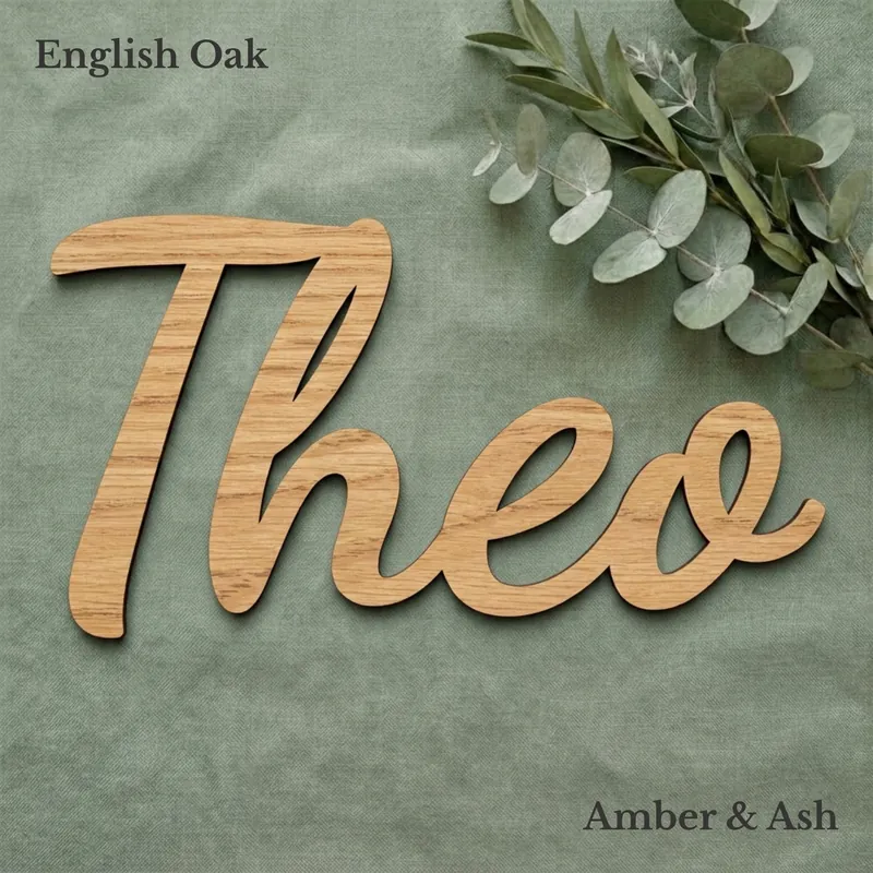 Theo name sign in the Swirly font, in English oak veneer
