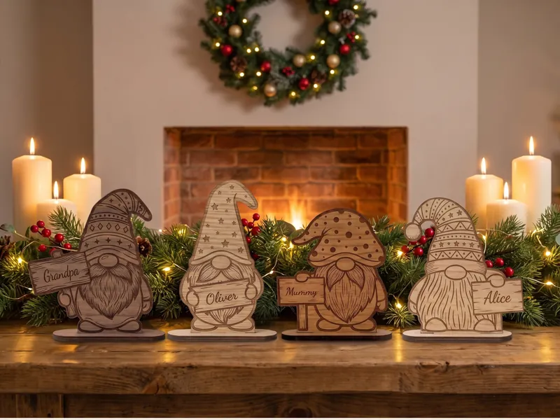 Four wooden gonk place names in a row by a fireplace