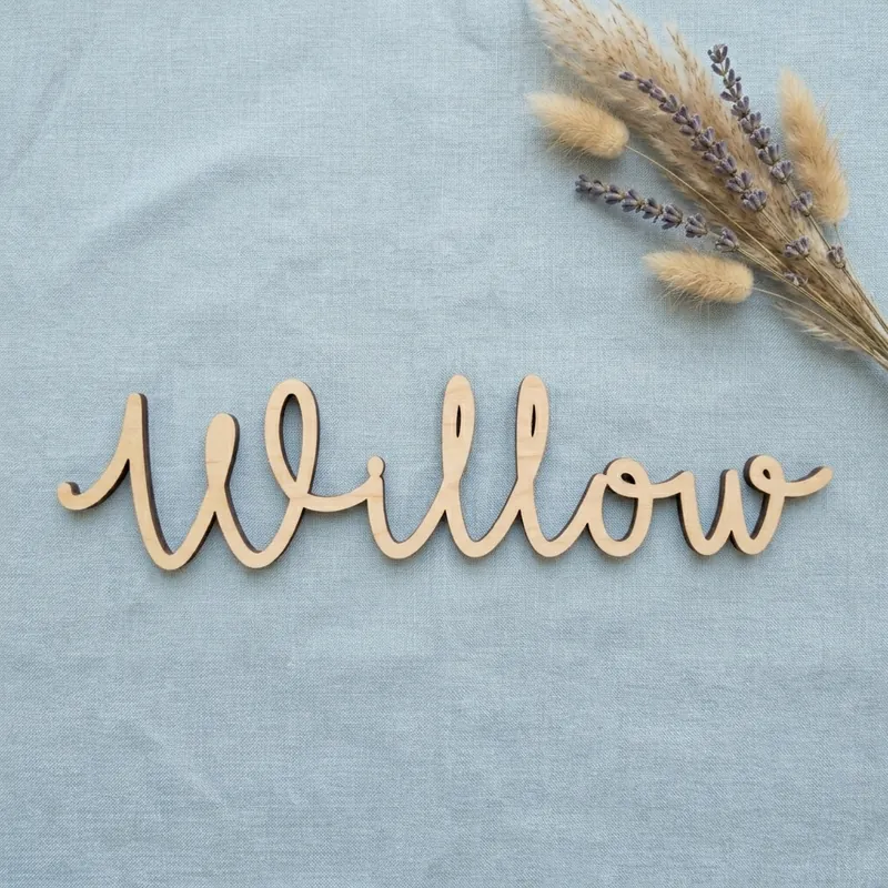 Wooden name sign reading Willow in the Scribble font, on pale blue linen with dried flowers